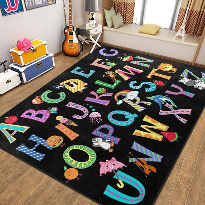 ABC Alphabet Rug, Classroom Playmat Rugs - 5x7 Ft Kids Carpet with Rubber Backing, Colorful Cartoon Letters Kids Play Mat Nursery Rugs for Toddlers Children Bedroom Playroom - Black