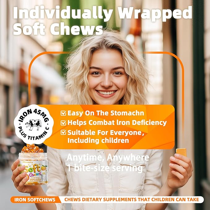 Iron Soft Chews Supplement with Vitamin C | Orange Flavored | Gluten Free | Iron Supplement for Women Men and Kids | 60 Count | 2 Month Supply