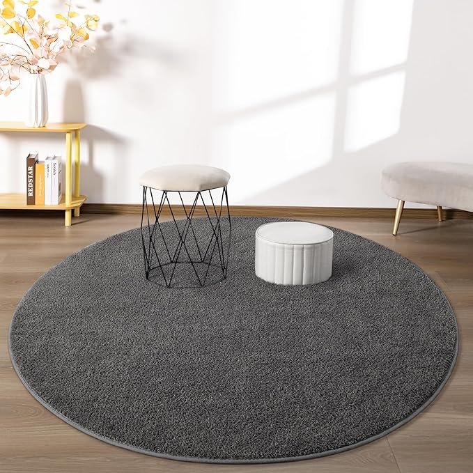 FlyDOIT Round Area Rugs for Bedroom Living Room, 4x4 Dark Grey Super Soft Comfy Thickened Memory-Foam Indoor Circle Carpet, Modern Aesthetic Minimalist Carpet for Boys Girls Adults Nursery Home Décor