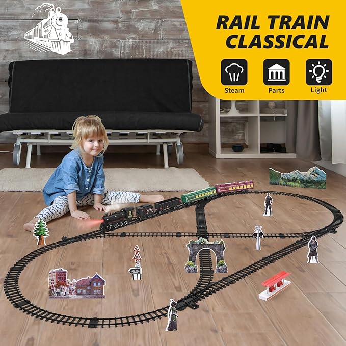 Train Set for Kids, Steam Locomotive Train w/Coal Car,Passenger Coach,Cargo Car & Long Tracks,Electric Train Railway Kits w/Smoke,Lights & Sound,Battery-Powered Train Toys Gift for Boys Girls