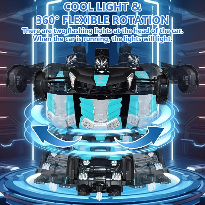 Remote Control Transform Car for Kids,Deformation Car for Boys & Girls 4 5 6 7 8, 2.4Ghz 1:18 RC Transform Robot Toys for Kids, One Button Deformation to Robot with Flashing Light (FM Racing Blue)