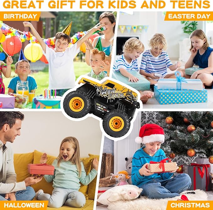 Remote Control Car, 2.4Ghz All Terrain Monster Truck Toys, RC Truck with Music, 3 Lighting Effects, 360 Stunt Capable, All Included Ready to Run, Toy Gifts for Boys and Girls (Yellow)