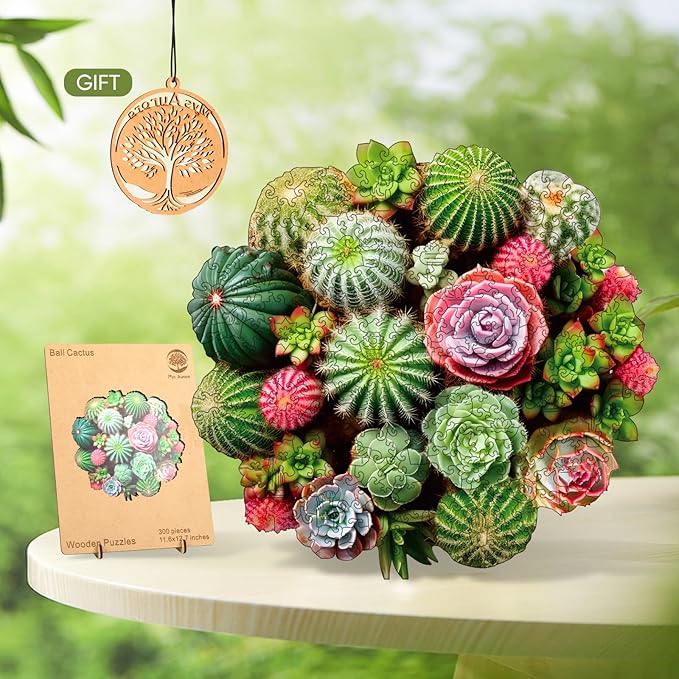 Ball Cactus Wooden Jigsaw Puzzle for Adult and Kids 300 Pcs Unique Shape Multicolor Wood Storage Box Fun Challenge Brain Teaser Family Game Creative Gift for Friends Rompecabezas Madera