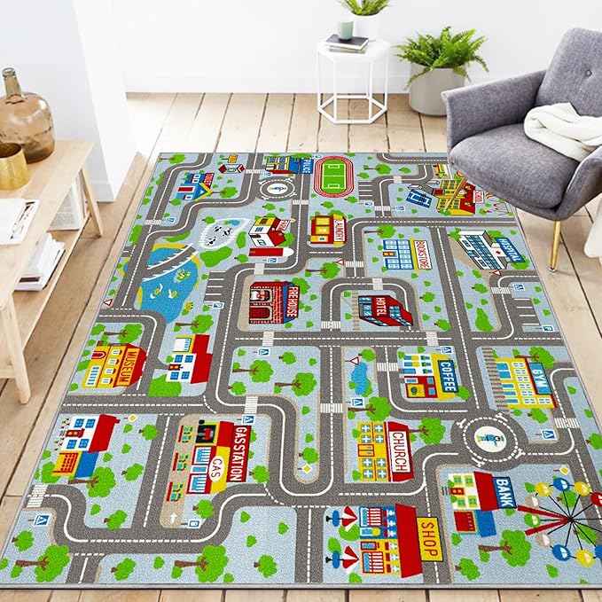 Educational Road Traffic Carpet Kids Carpet Playmat Car Rug Fun City Life Map Kids Car Rug Non Slip Play Carpet for Children Playroom Bedroom Classroom Decor (Sky Blue, 5'0''x6'6'')