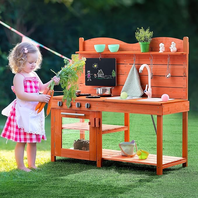VEVOR Mud Kitchen for Kids, Wooden Toy Play Kitchen Set, Outdoor Toddler Grocery Store Playset for Boys & Girls, Pretend Play Kitchen with Stoves, Sink, Faucet, Blackboard, Cookware Pots, Accessories