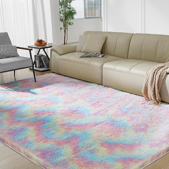 Ultra Soft Rug for Living Room, 6X9 Fluffy Shag Area Rug for Bedroom, Modern Shaggy Carpets Fuzzy Rug for Teens Dorm Nursery Home Decor Aesthetic, Upgrade Anti-Skid Durable, Rainbow