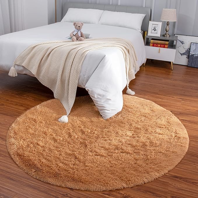 LOCHAS Luxury Round Fluffy Area Rugs for Bedroom Kids Girls Room Nursery, Super Soft Circle Rug, Cute Shaggy Carpet for Children Living Room, 4x4 Feet Khaki
