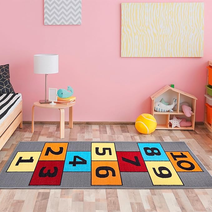 Ottomanson 2'7" x 6' Hopscotch Kids Rug - Play Mat for Playroom, Bedroom, Daycare & Classroom - Fun & Interactive Game Carpet - Durable and Non-Slip - Perfect for Learning & High-Traffic Areas, Gray