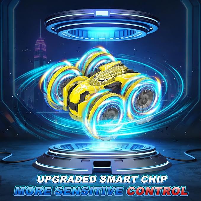 Waterproof Remote Control Car，4WD Amphibious 2.4 GHz RC Car Remote Control Boat，360°Rotation RC Stunt with LED Lights，Boys Girls Gifts All Terrain Water Beach Pool Toy Yellow