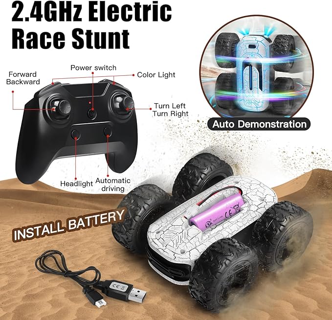 Remote Control Car for Kids 8-12, 360Rotating with 2 Batteries, Double-Sided RC Stunt Car Toy with LED Lights and Headlights