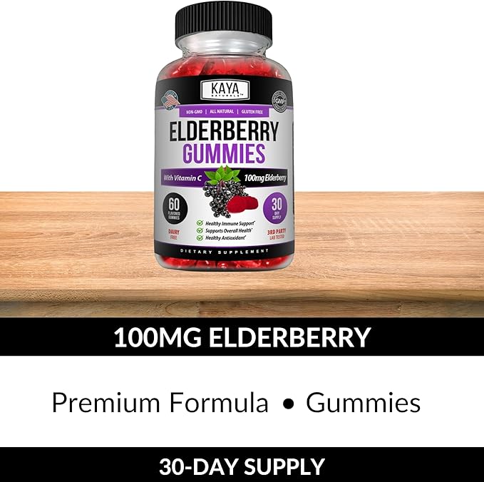 Kaya Naturals Immune Support - Powerful Immune & Healthy Antioxidant Vitamin Supplement Booster with Vitamin A, C, D & E, Elderberry, Zinc, Electrolytes, Non-GMO, Lemon Flavor (60 Gummies)