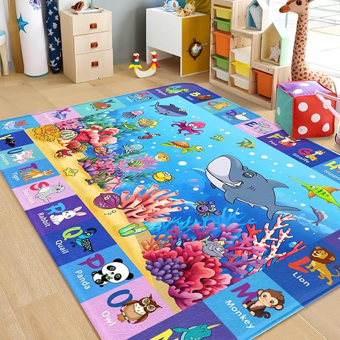 Alphabet Kids Rug for Playroom, 5x7 ABC Ocean Kid Play Mat, Preschool Area Rugs for Classroom, Sea Animals Educational Rugs Numbers Learning Mat Washable Bedroom Carpet Nursery Mats