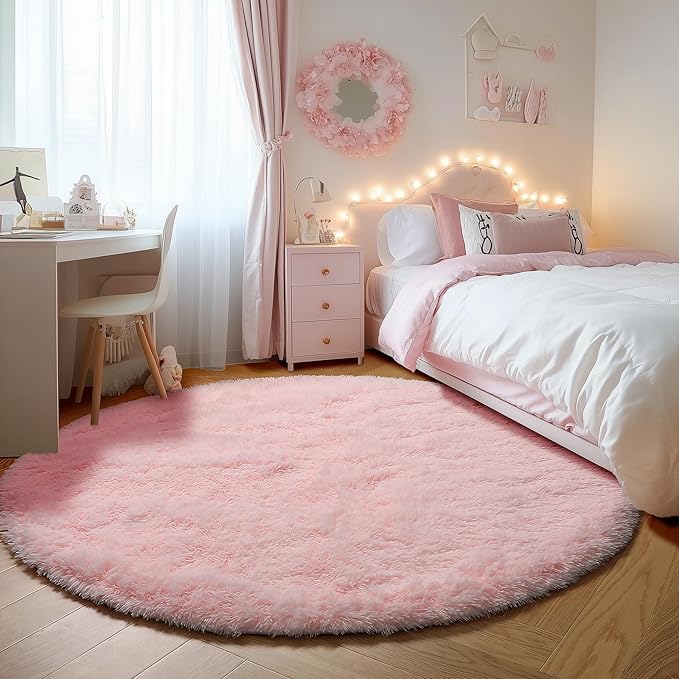 ONASAR Light Pink Round Area Rugs 3ft for Bedroom Living Room, Fluffy Cat Dog Bed Mat, Washable Circle Rug for Kids Girls Boys Teen, Soft Plush Shaggy Carpet for Nursery Dorm Home Decor Aesthetic