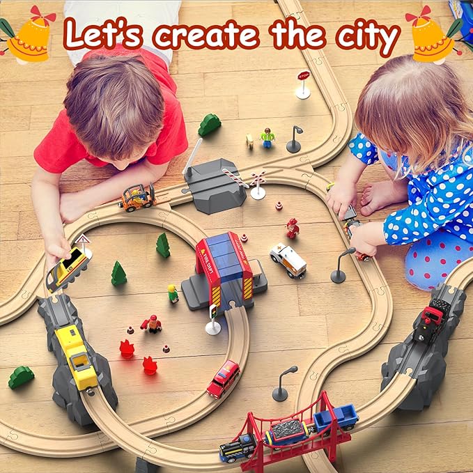 Giant bean 72PCS Fire Station Wooden Train Track Electric Train Set, Gift Packed Toy Railway Kits for Kids, Toddler Boys and Girls 3,4,5 Years Old and Up, Christmas Birthday Gift Toy for Kids