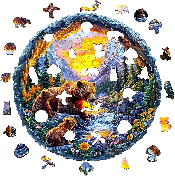 KAAYEE Wooden Puzzles for Adults 200 Pieces Visual 3D Bear Family Wooden Jigsaw Puzzles for Adults Animal Wood Puzzle Gifts for Mom Mother's Day Adult Kids Bear Puzzle(11.4 * 11.4in)