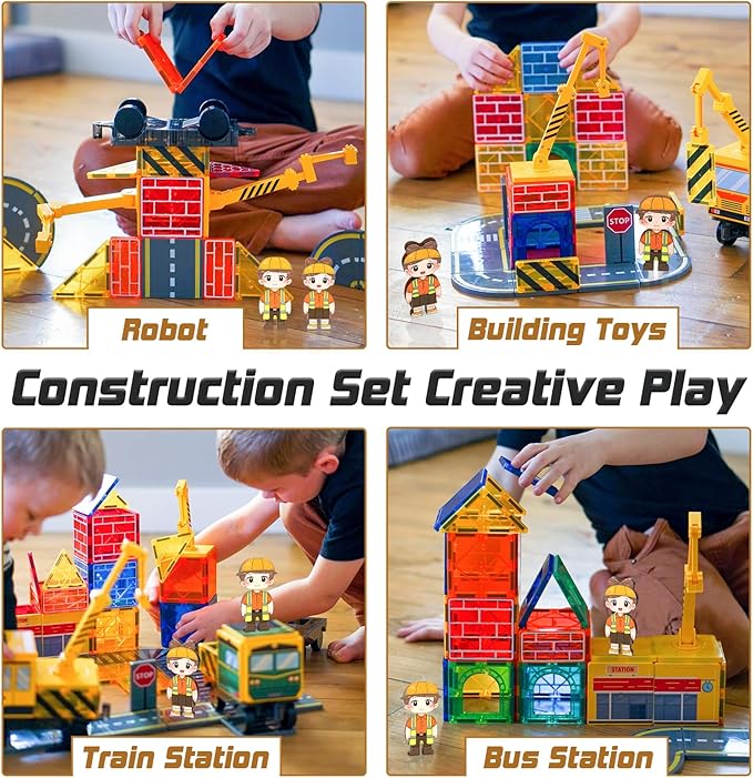 Magnetic Tiles Magnetic Construction Set with 2 Cranes Boys Toys for Ages 3-5 5-7 8-10 Building Toys Includes Crane, Road Tracks, Train, Train Tracks, Dolls, Car Toy, Traffic Lights and Stations