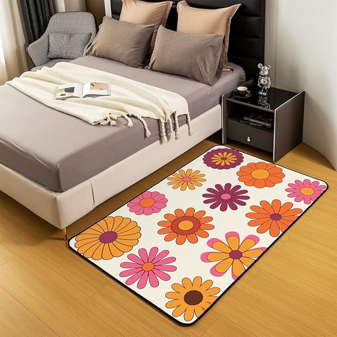 Colorful Groovy Flowers Area Rug 4x5 60S 70S Hippie Rug Cute Aesthetic Floral Carpet for Kids Girls Teen Women Multicolored Botanical Kawaii Decorative Non Shedding Decorative Rug