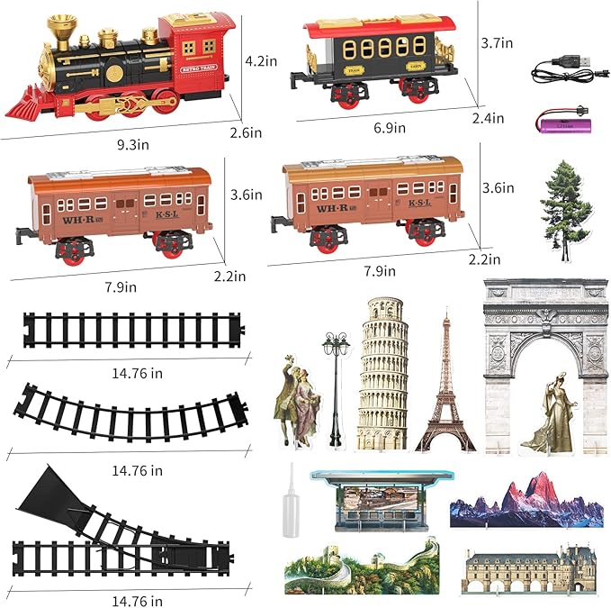 TEMI Train Set for Kids Toddlers 3-5, Train with Steam Engine, Cargo Car and Long Track, Rechargeable Battery Play Red Train Toys with Smoke, Light & Sounds, Gift for Boys & Girls 4-7 Years
