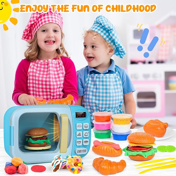 Microwave Kitchen Play Set with Light Sound for Kids with Pretend Fake Food and 6 Color DIY Play-Dough Clay Great for Toddlers 3 and Older Grils and Boys (Blue)