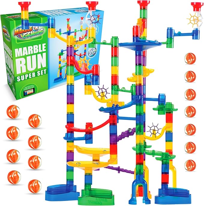 Marble Genius Marble Run - 150 Complete Pieces Maze Track Easter Toys for Adults, Teens, Toddlers & Kids Aged 4-8 Years Old, (85 Translucent Marbulous Pieces + 65 Glass-Marble Set), Super Set