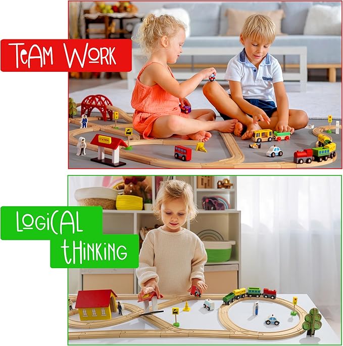 Wooden Train Tracks Set - 52 pcs+Bonus Railroad Map –Compatible W All Major Wooden Railway Toy Brands Including: Thomas The Train Track Set, Brio Train, Melissa and Doug Train Set for Kids 3+