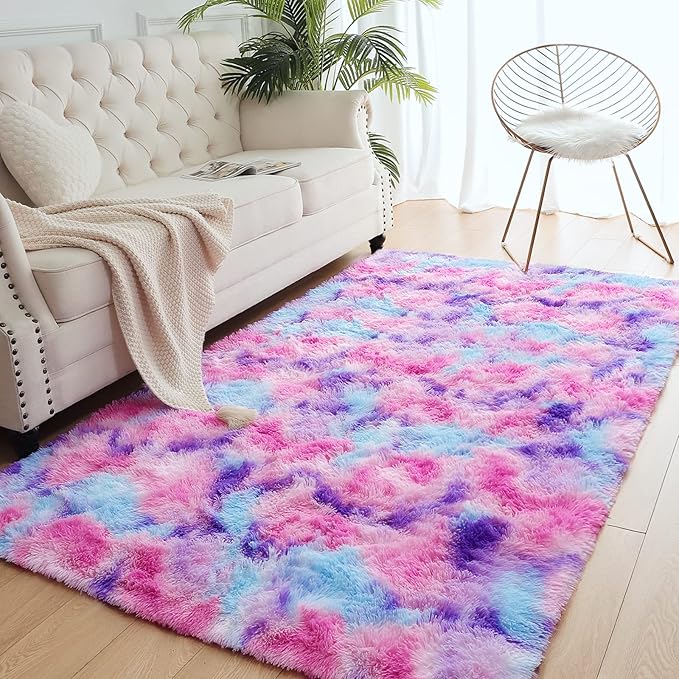 AROGAN Soft Rainbow Area Rugs for Girls Room 6x9 Feet, Fluffy Girls Bedroom Rugs, Princess Rug, Cute Colorful Carpet for Kids Teens Nursery Toddler, Hot Pink