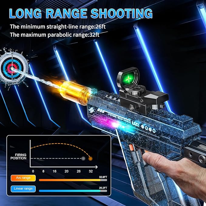 Automatic Electric Water Gun with Light Up, 26-32 FT Long Range Powerful Squirt Guns with 800CC Large Capacity for Adults Kids, Water Blaster Pistol Outdoor Summer Toys for Pool Beach Party