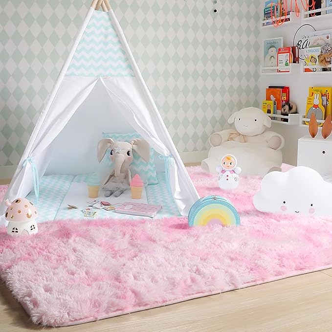 Amdrebio Tie-Dyed Pink and White Area Rugs for Girls Bedroom, Plush Kawaii Fuzzy Throw Princess Rug for Kids Room Playroom, Soft Fluffy Furry Shaggy Carpet for Nursery, 4x6, Cute Room Decor for Baby