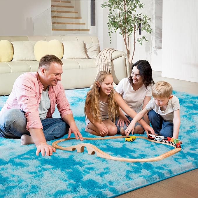 Ultra Soft Rug for Living Room, 3X5 Fluffy Shag Area Rug for Bedroom, Modern Shaggy Carpets Fuzzy Rug for Teens Dorm Nursery Home Decor Aesthetic, Upgrade Anti-Skid Durable, Tie-Dyed Blue