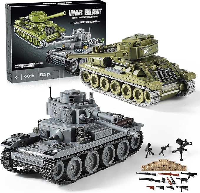 WW2 Army Tanks Toy Building Kit Compatible with Lego, Create a Soviet T-34 Tank & a German Panzer 38(t) Tank, Great Military Model Toys Gift for Boys, Kids, and Teens Age 8+ (1008 Pieces)