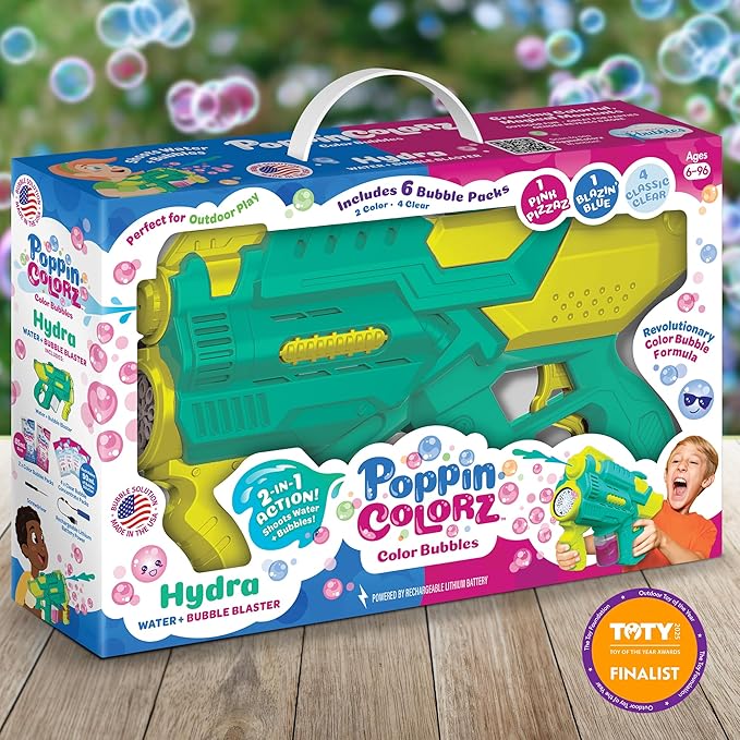 PoppinColorz Hydra Rechargeable 2-in-1 Color Bubbles Blaster & Water Gun:2025 Toy of The Year Finalist. 2X Color Bubble Liquid & 4X Clear No-Spill. Bubble Solutions for Toddlers. Bubbles Made in USA.