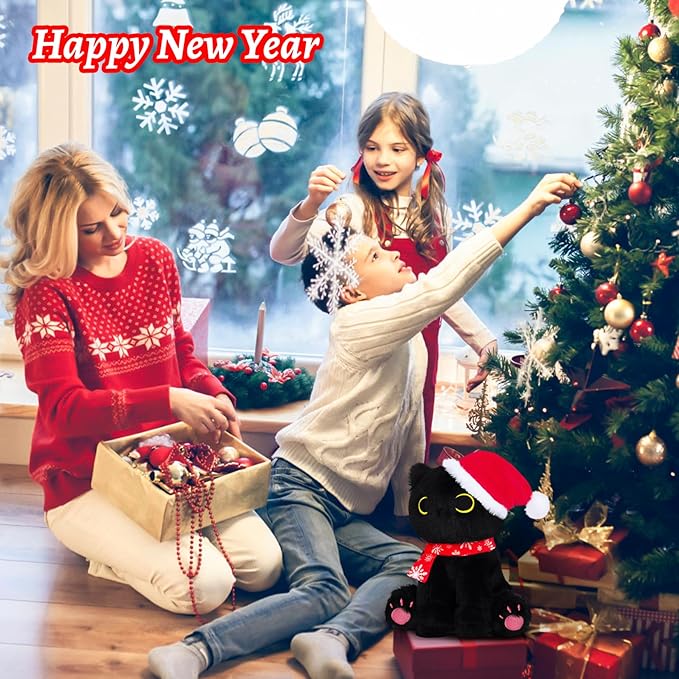 Black Cat Plush, 9In Christmas Plush Black Cat Stuffed Animals Toy for Kids, Cute Stuffed Cat Plushies Toy for Girls Boys, Kawaii Kitten for Boys and Girls