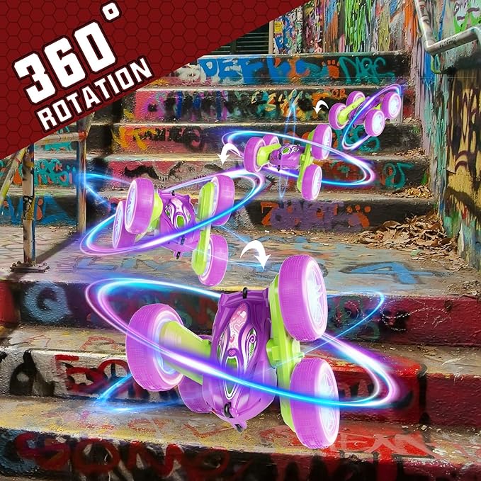 Remote Control Car Toys for Boys & Girls, 4WD Gesture RC Stunt Cars, High Speed RC Truck with Double Sided 360 Flips and Headlights Wheel Lights, Off-Road Stunt Car Toys for Kids 6-12 yr (Purple)