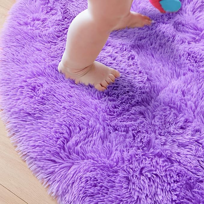 junovo Round Rug 4x4 Feet Fluffy Soft Area Rugs for Kids Girls Room Princess Castle Plush Shaggy Carpet Cute Circle Nursery Rug for Kids Girls Bedroom Baby Room Home Decor Circular Carpet, Purple