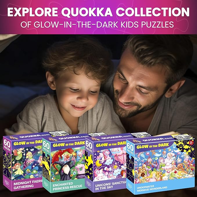 QUOKKA 4x60 Piece Puzzles for Kids Ages 4-6 – Glow-in-The-Dark Puzzles for Kids 4-8 I Unicorns, Mermaids, Fairy Tale I Fun Educational Toddler Puzzle for Boys and Girls – Educational Game Toys Gift