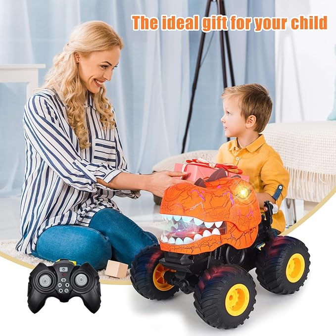 Dinosaur Remote Control Car, Monster Truck Toys with Spray, Light & Sound, 2.4GHz All Terrain RC Cars for Boys Age 4-7, Birthday Gifts for Kids 3-5 6 7 8-12
