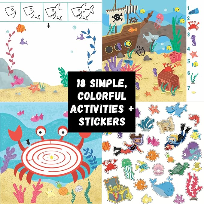 Kids Travel Educational Activity Book with Washable Markers - Car and Airplane Activities, Learning Toys for Toddlers- Reusable Stickers for Ages 4, 5, 6 (Ocean & Extra Princess Book)