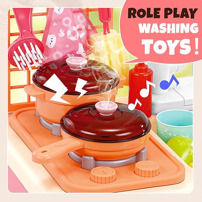 Play Kitchen With Running Water For Toddlers, Toy Kitchen Playset With Electric Faucet For Boys And Girls, Kids Pretend Play Sink With Cooking Stove, Pot, Pan, Play Food, Best Christmas Birthday Gifts