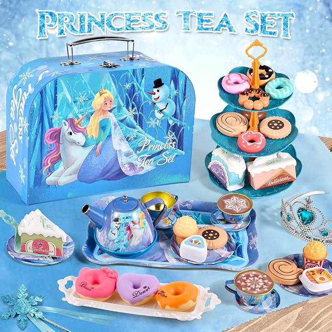 Golray Tea Party Set for Little Girls Toys, 49Pcs Kid Tin Tea Set & Luxury Food Playset & Carry Case, Kitchen Pretend Play Toy 3-5 Years Toddler Girls Birthday Gift