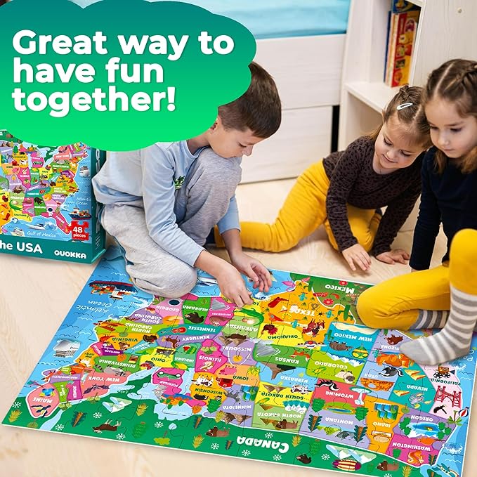 QUOKKA Giant Floor Puzzle for Kids Ages 4-6 – 2x3 Feet Extra-Thick 48 Pieces Toddler Puzzle Ages 3-5 – USA Map Educational Activity for Boys Girls – Premium Box with Sturdy Handle & Magnetic Closure