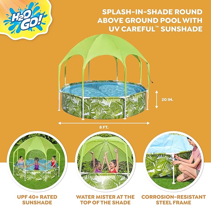 H2OGO! Kids Splash-in-Shade 8-Foot Round Steel Frame Above Ground Pool with Water Mister and Canopy Sunshade, Green Tropical Leaf Print