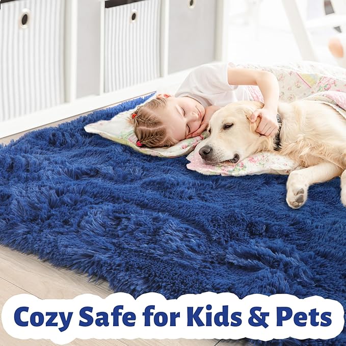 Amdrebio Navy Blue Area Rugs for Boys Bedroom, 5x7 Shag Fluffy Furry Plush Rug for Kids Room, Living Room Decor Aesthetic, Cool Royal Dark Blue Carpet for Baby Nursery Classroom Office Dorm Playroom