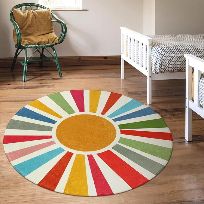STARUIA Boho Washable Rug 5 Ft Round Area Rug for Bedroom, Rainbow Circle Kids Rugs for Office, Non-Slip Circluar Carpet Soft Sunshine Rugs for Dorm Nursery Sofa Living Room Corner