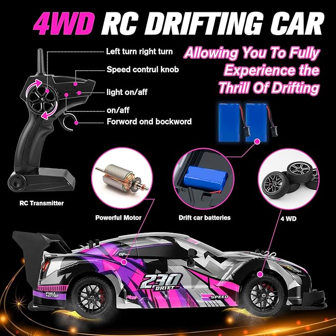 RC Drift Car, 1:16 Scale Drifting RC Cars, 2.4GHz 4WD RC Race Car, 40km/h High-Speed Remote Control Drift Car Vehicle, Racing Sport for Boys Girls Kids - 2 USB Rechargeable Batteries (Purple)