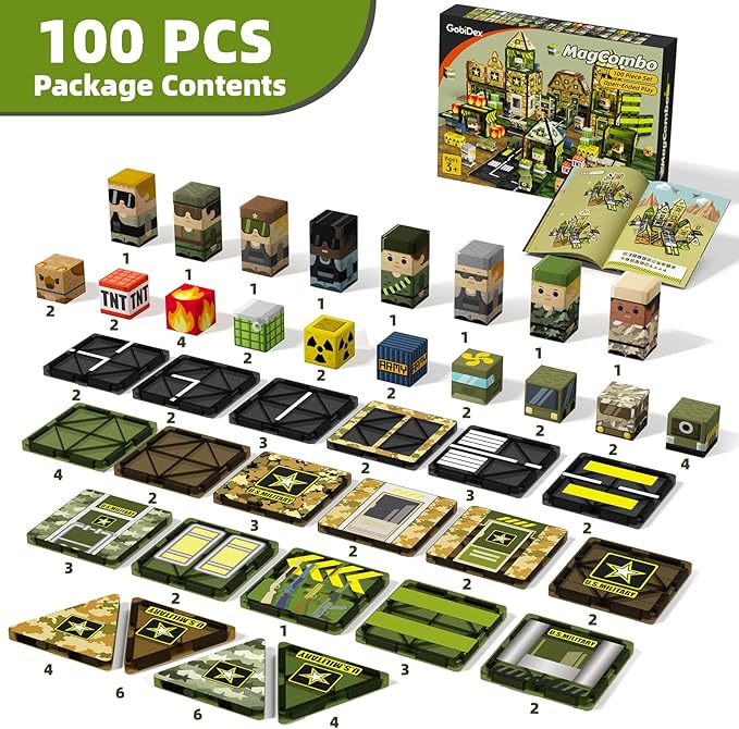 GobiDex 100PCS Magnetic Tiles Building Blocks for Kids, STEM Magnetic Blocks Building Toys with Army Men, Upgraded Magnets Birthday Gift Toys for 3 4 5 6 7 8+ Year Old Boys