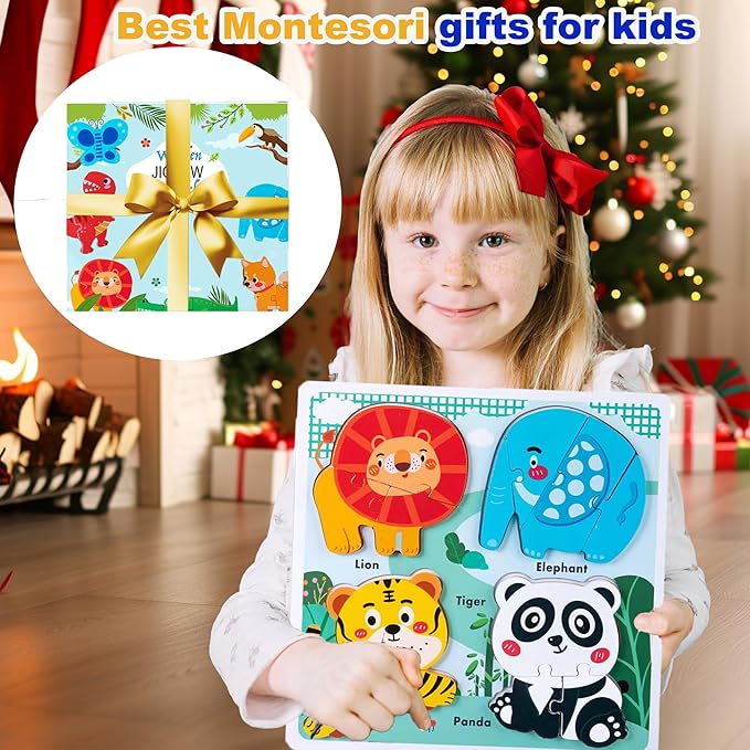 Safari Animal Toddler Puzzles Ages 1-3, Wooden Puzzles for Toddlers 2-4, Fun Educational Toys for 18-36 Months Baby,Crafted Wood Birthday Gifts for 24+ Month Little Girls Boys