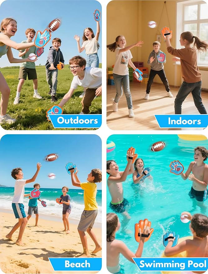 Toss and Catch Ball Game for Kids 3-8, Pool & Beach Ball Game, Outdoor Sports Toy with 4 Soft Sticky Balls & 4 Upgraded Paddles (2 Baseball Style & 2 Football Style), Ages 3-8+