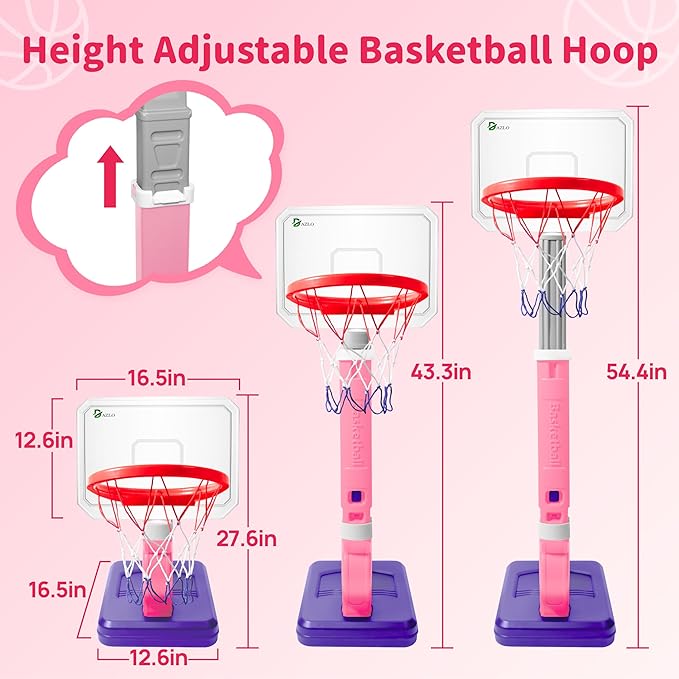 Toddler Basketball Hoop with Adjustable Height (27.6" to 54.4") – Kids Basketball Hoop Including 4 Basketballs, 2 Sensory Balls, Stickers & Inflator – Indoor/Outdoor Play for Ages 3-12