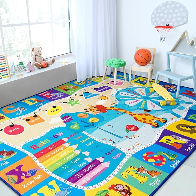 Chicrug Educational Kid Area Rug for Playroom, 6x9 Feet TPR Non Slip Kids Classroom Carpet Rug for Learning ABC Animal, Shape Color Fruit, Washable Play Mat Rug for Children Nursery Toddler Room Decor