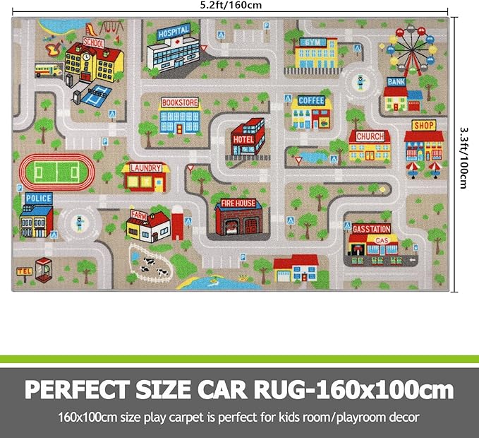 Capslpad Tan Car Road Kid Rug Carpet Playmat for Playoom Traffic Road Kids Play Mat for Toddler Non Slip Washable City Map Race Track Carpet Rug for Kids Room Bedroom Nursery Room Decor,5.2'x3.3'